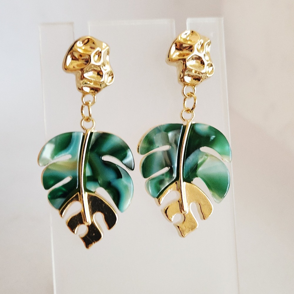 Gold Green Monstera Leaf Drop Earrings Tropical Botanical Resin Marbled Dangle